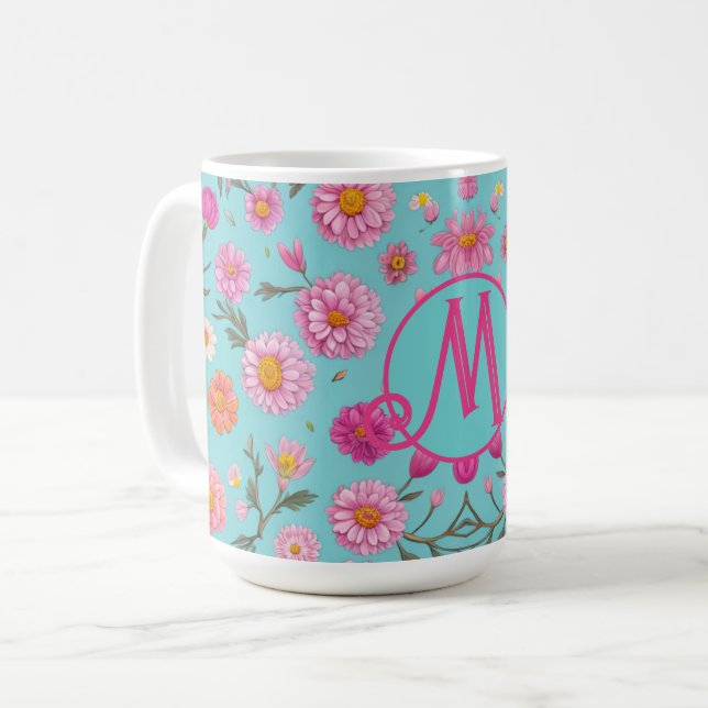 Mug Élégant rose floral blanc marguerites rose (Devant gauche)