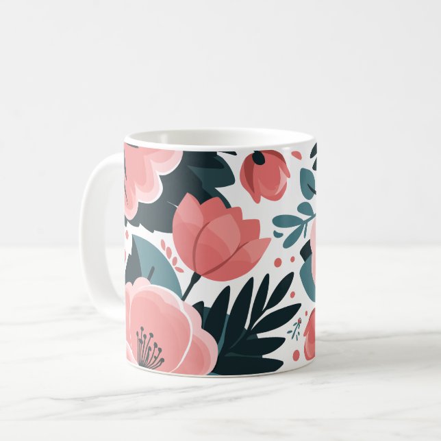 Mug Élégant rose floral et feuilles vert profond (Devant gauche)