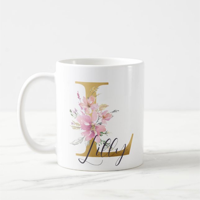 Mug Élégant rose Floral or Lettre L (Gauche)