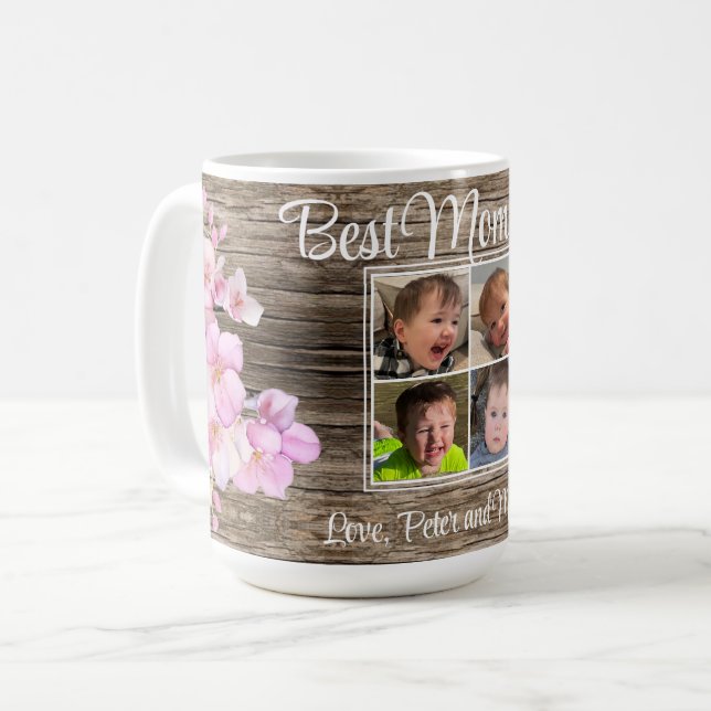 Mug Elégant rose floral personnalisé quatre photos (Devant gauche)