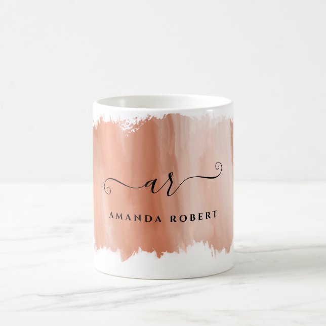 Mug Élégant Rose Gold Brush Stroke Monogramme (Centre)