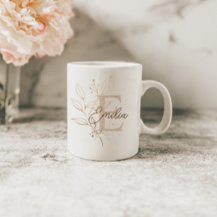 Mug Élégant Rose Gold Floral Leaf Monogramme