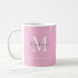 Mug Élégant rose gris Nom du monogramme personnalisé