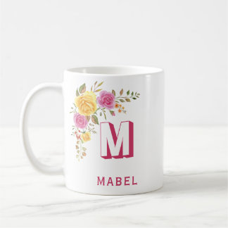 Mug Élégant rose jaune Nom personnalisé Floral Monogra