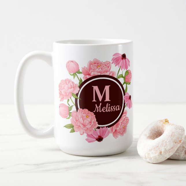 Mug Elégant rose moderne Peony Aquarelle Florale (Avec donut)