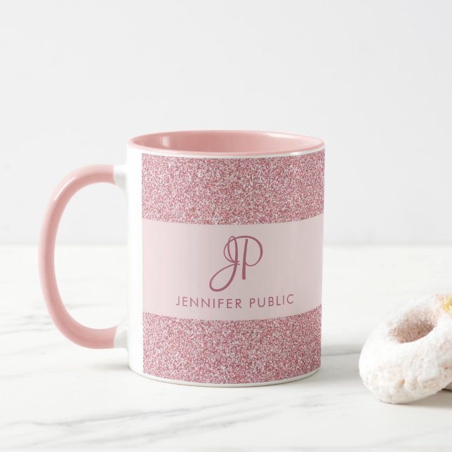 Mug Elégant Rose Parties scintillant or look Monogramm (Avec donut)