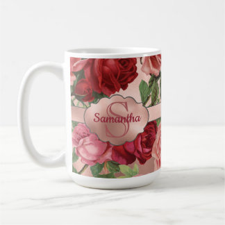 Mug Élégant rose rose Vintage Roses Floral Monogramme