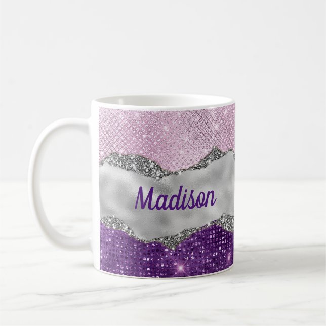 Mug Élégant rose violet brillance argent girly monogra (Gauche)