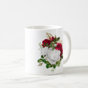 Mug Elégant rouge blanc Roses Bouquet Nom