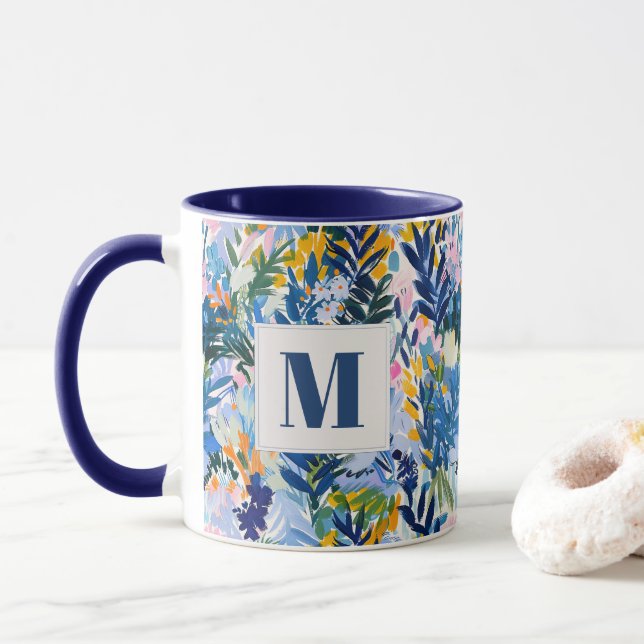 Mug Élégant Royal Blue Abstrait Botanical Monogrammé (Avec donut)