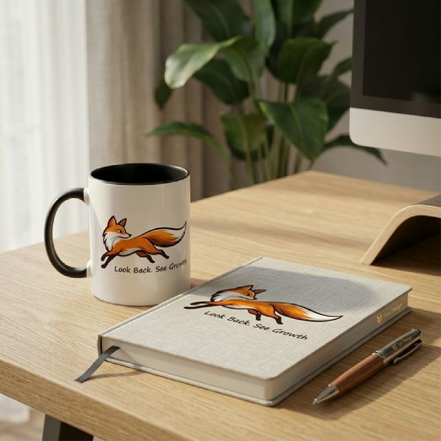 Mug Elegant Running Fox "Look Back. See Growth." Two-T ("Start your morning with a splash of color and a mindset of growth.")
