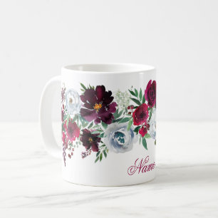 Mug Élégant Rustique Bourgogne Bleu Roses pivoines Nom