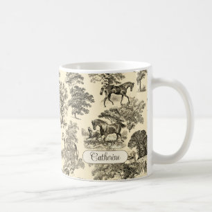 Mug Élégant Rustique Chevaux Arbres Beige Marron Toile