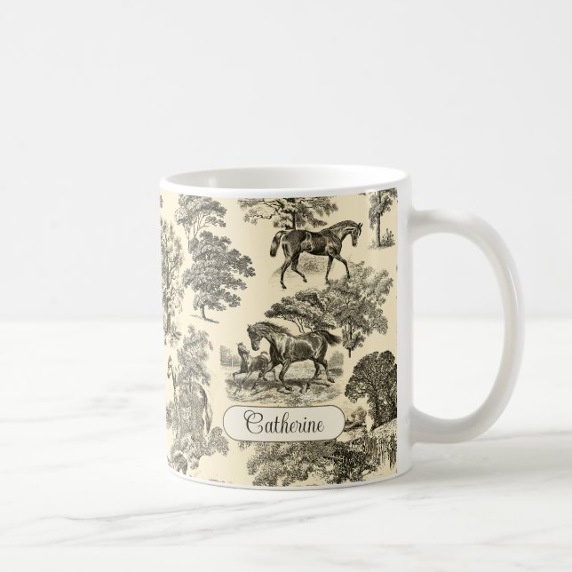 Mug Élégant Rustique Chevaux Arbres Beige Marron Toile (Droite)