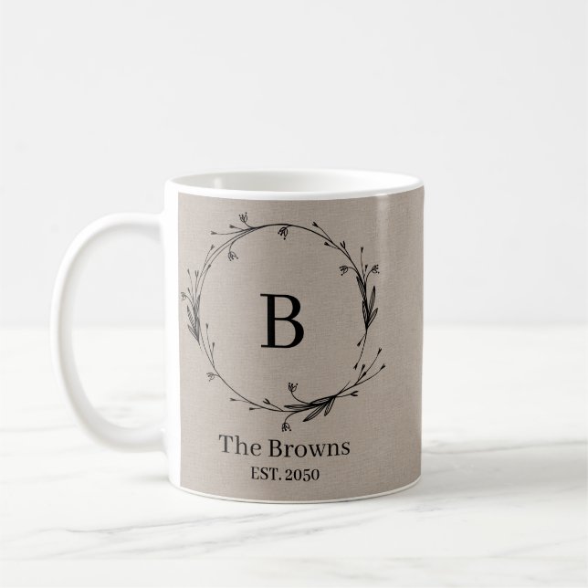 Mug Elégant Rustique Moderne Famille Monogramme Linen (Gauche)