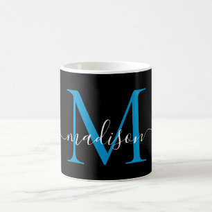 Mug Élégant script du Monogramme bleu de l'océan noir