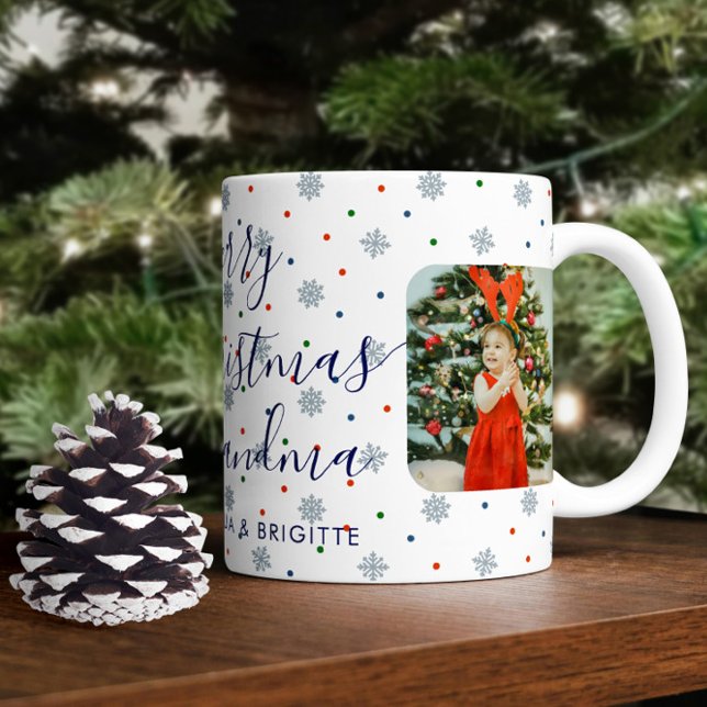 Mug Élégant Snowflakes Joyeux Noël photo (Christmas photo mug with snowflakes and custom text)