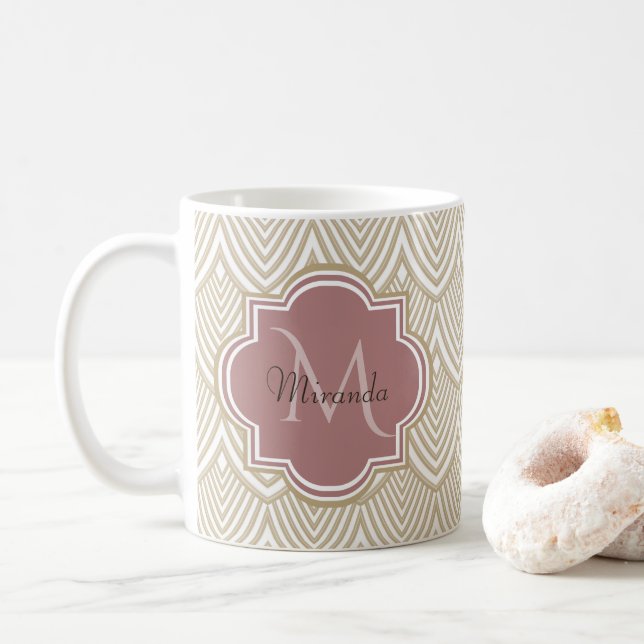 Mug Élégant Tan Arched Scallops Mauve Monogramme Nom (Avec donut)