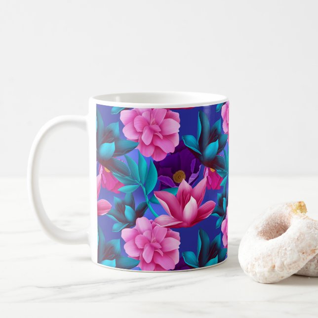 Mug Élégant Tropical Rose bleu violet vert (Avec donut)