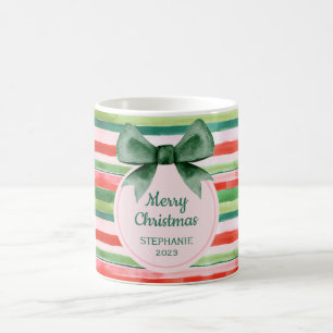 Mug Élégant Vert Rouge Grilles Ruban Noël