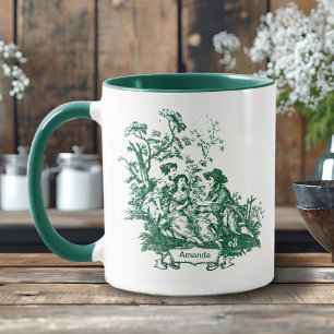 Mug Élégant Vert Toile de Jouy Vintage Monogramme