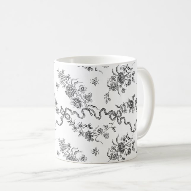 Mug Élégant Vintage gravé noir Roses et rubans (Devant droit)