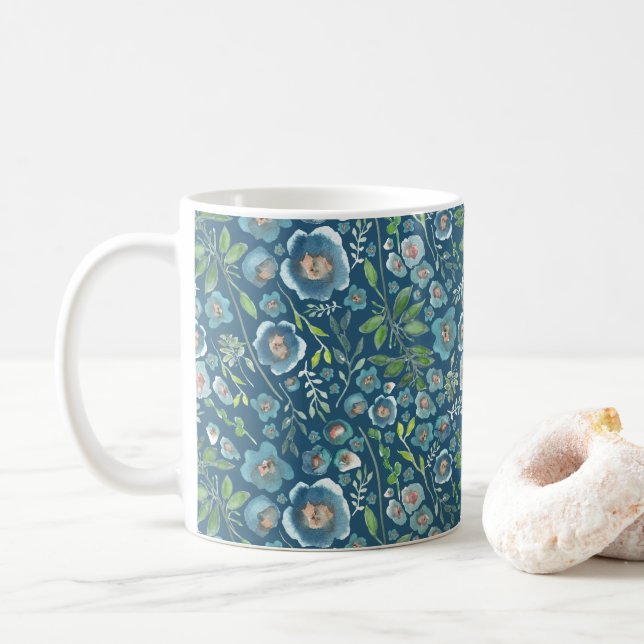 Mug Elégante aquarelle bleue motif floral (Avec donut)