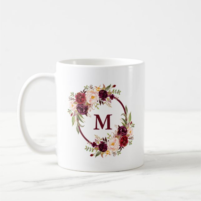 Mug Elégante aquarelle Bourgogne Floral Monogramme (Gauche)