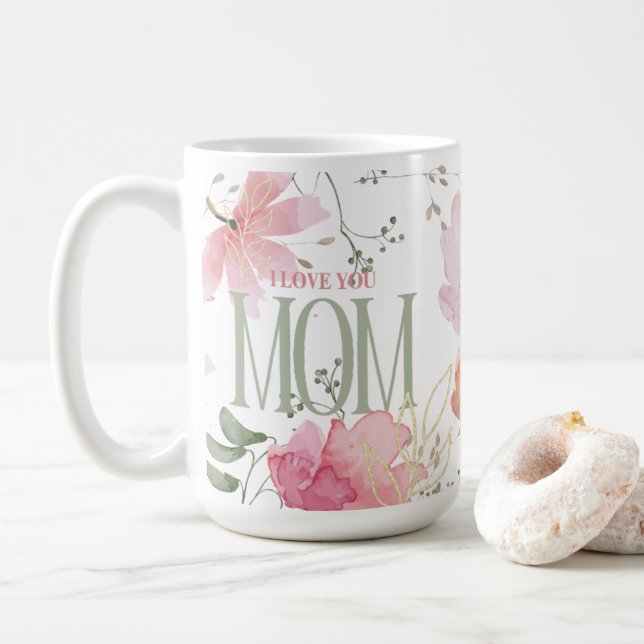 Mug Elégante aquarelle florale "Je t'aime maman" Moder (Avec donut)