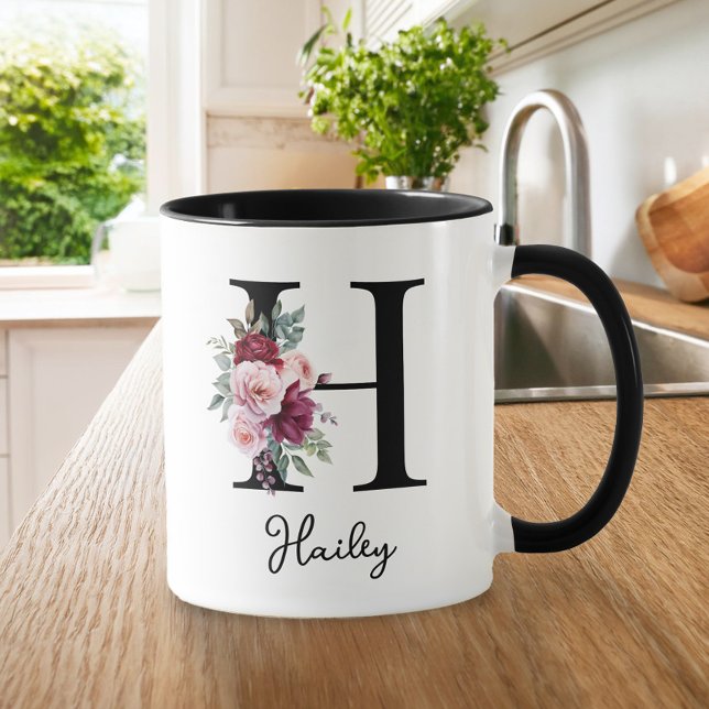 Mug Elégante aquarelle Florale Nom initial Monogramme (Créateur téléchargé)