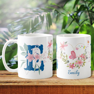 Mug Elégante aquarelle papillon floral Monogramme E