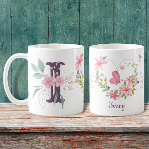 Mug Elégante aquarelle papillon floral Monogramme I