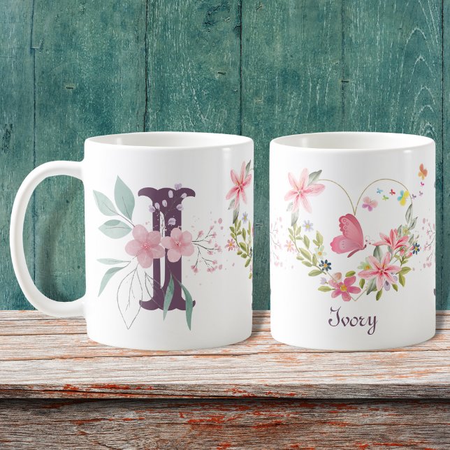 Mug Elégante aquarelle papillon floral Monogramme I (Créateur téléchargé)