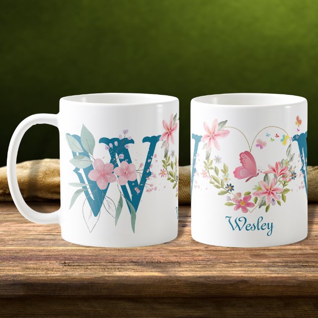 Mug Elégante aquarelle papillon floral Monogramme W (Créateur téléchargé)