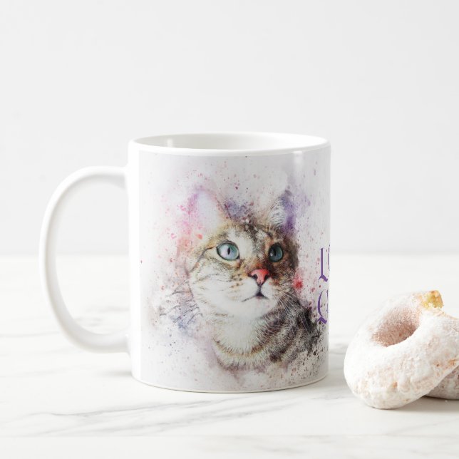 Mug Elégante aquarelle Portrait de chat I Love Chat's (Avec donut)