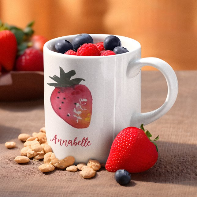 Mug Elégante aquarelle rouge personnalisée fraise (This strawberry mug features my hand-painted watercolor berry, plus your name in chic retro script.)