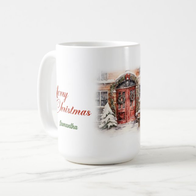 Mug Elégante aquarelle rustique porte rouge neigeux pi (Devant gauche)