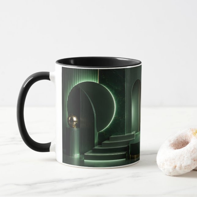 Mug Élégante art géométrique abstrait vert foncé et or (Avec donut)
