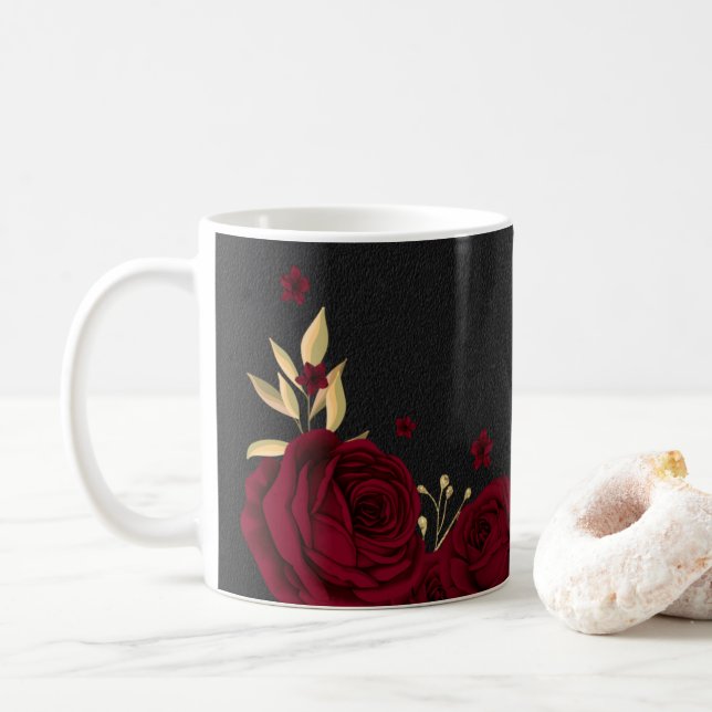 Mug Elégante bordeaux fleurs or noir (Avec donut)
