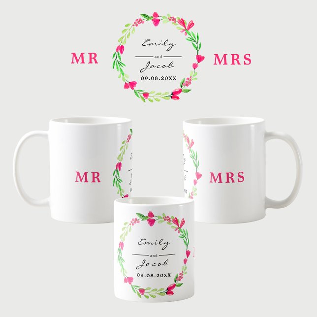 Mug Élégante couronne de fleurs roses M. MRS Noms des  (Elegant Pink Floral Wreath MR MRS Wedding Names Coffee Mug)