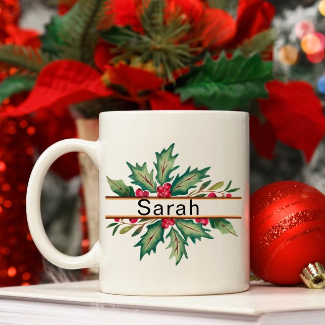 Mug Élégante couronne de Noël Nom de Noël (Elegant Christmas Wreath Christmas Name Coffee Mug
)