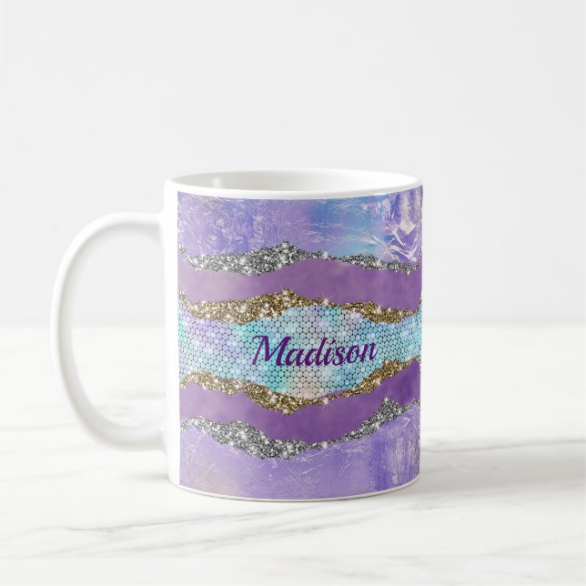 Mug Élégante crème de sirène violet turquoise monogram (Gauche)