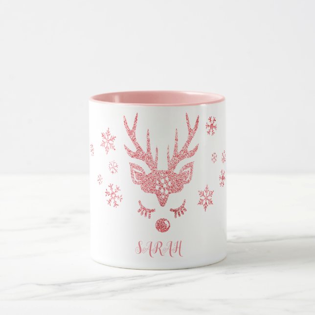 Mug Élégante Fille Pink Snowflakes Reindeer Noël (Centre)