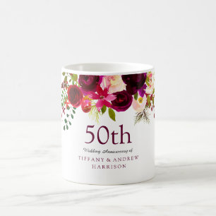 Mug Élégante Fleurs Bourgogne 50e anniversaire de Mari