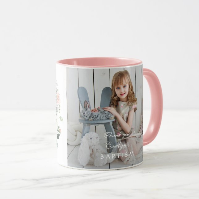 Mug Elégante Fleurs de Blush Wreath Girl Photo Baptême (Devant droit)