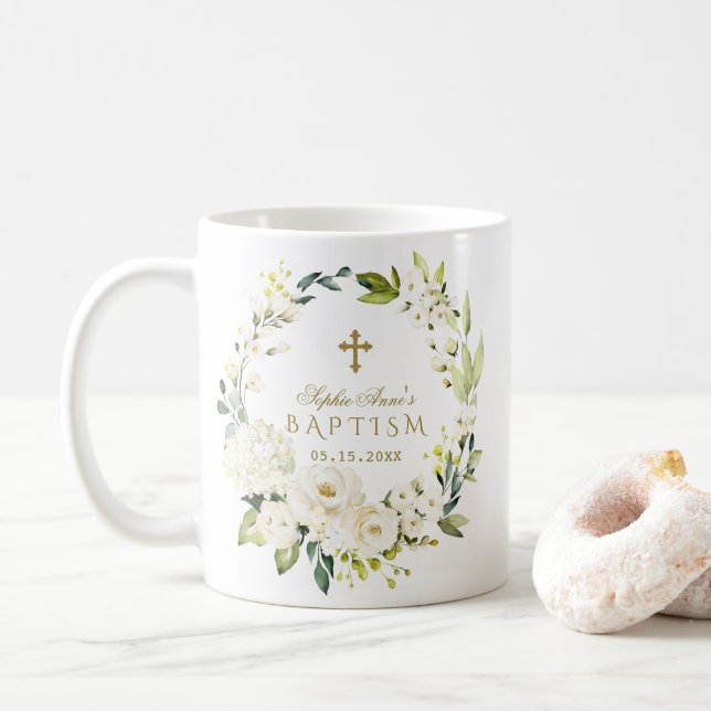 Mug Élégante Fleurs de crème blanche Croix d'or Baptêm (Avec donut)