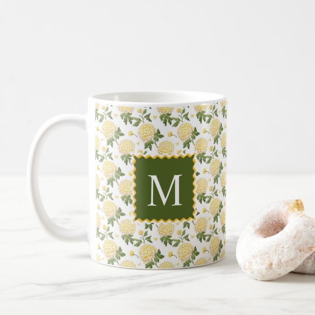 Mug Élégante Hydragea Jaune Monogramme Floral (Avec donut)