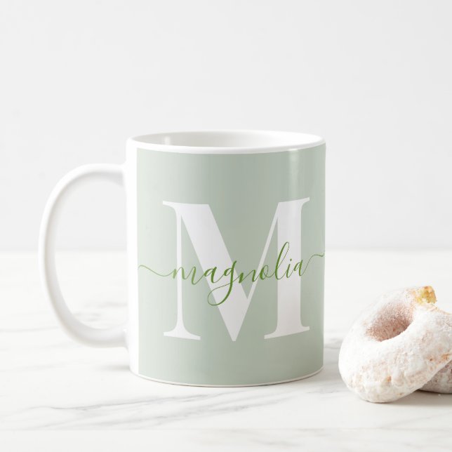 Mug Élégante initiale personnalisée vert sauge monogra (Avec donut)
