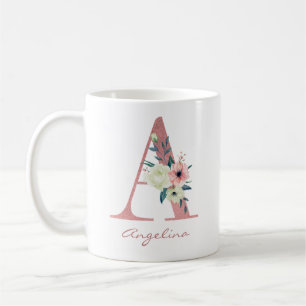 Mug Élégante lettre florale A Bouquet rose et ivoire