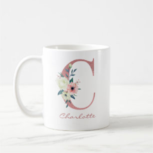 Mug Élégante lettre florale C Bouquet rose et ivoire